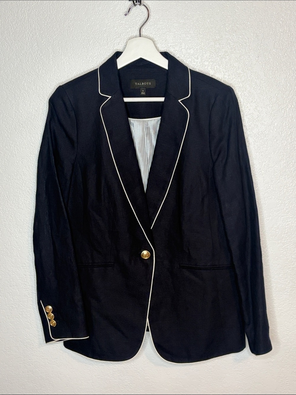 Talbots Navy with White Accents Linen Single Button Blazer Size 6 Timeless